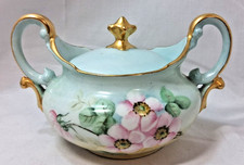 Antique T&V Limoges France Sugar Bowl Hand Painted Pink Wild Roses Gold 1892 picture