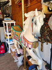 Vintage Carousel Horse Figurine on Metal Pole Stand, White Multicolor Blanket picture