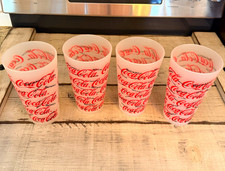 Coca-Cola Frosted White Plastic Tumblers Red Logo Set of 4 Soda Theme 36 oz Vtg picture