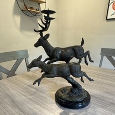Antique Bronze Metal Deer Figurine Dual Candle Holder w/ 3D Effect picture