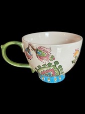 Dutch Wax Hand Painted Embossed Ceramic Multi-Color Pink, Green Floral Mug picture