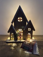 Lighted Wood Houses W/Pine and Berry Accents 10”X8.25” Christmas Holiday Decor picture