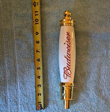 Budweiser Beer Tap Handle Draft Pull Knob White/Gold w/ Red Script Breweriana picture