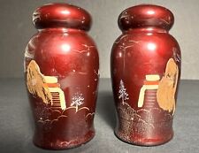 Vintage Red Lacquer Hand Painted Mother of Pearl Inlaid Japanese Salt And Pepper picture