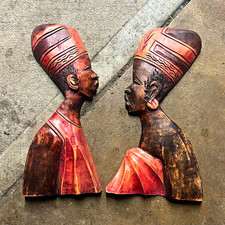 VTG Handmade Hand-Carved African Wooden Wall Plaques Pair Facing Man & Woman 15” picture