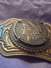 Vintage Wild Western Belt  Buckle With 1881 Morgan Silver picture