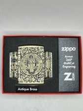 St Benedict MultiCut Engraved Design Antique Brass Armor Zippo Lighter NEW 29719 picture