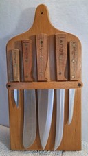 Vintage Set of Five Old Homestead Knives Sharp Clean Blonde Wood Rack picture