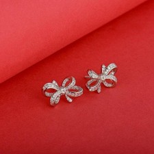 Diamond Floral Knot Shaped Design Earrings In 14K White Gold Plated For Women's picture