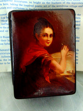 Vtg Russian Lacquer Hand Painted Lady Portrait Needlework Hinged Trinket Box picture