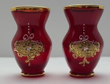 2 Vintage Murano Tosca Red  Gold Venetian Art Glass Bud Vases Hand Painted Match picture