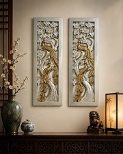 Thailand 1980s Set Of 2 Carved Wood Wall Panels Peacock Silver Gold, 12x35