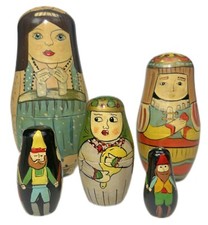 5.5” Wood Matryoshka Stacking Vtg Russian Nesting Folk Art Doll Set 5 Dolls picture
