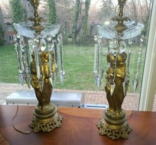 STUNNING PAIR ANTIQUE GILT SPELTER PRISM GODDESS LAMPS picture