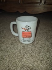 VTG Fire King Snoopy Peanuts Coffee Mug Curse You Red Baron Milk Glass Cup As Is picture