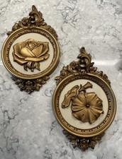 Vintage 1970s Syroco Gold & Cream Floral Wall Plaques, Rose & Morning Glory Set picture