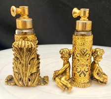 VINTAGE STYLEBUILT GOLD ORMOLU CHERUB LEAF PERFUME ATOMIZER BOTTLES PAIR SET picture