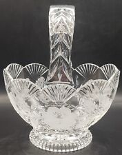 Crystal Cut Glass Etched 7.5 in high handled basket Poland Marked picture