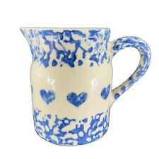 Roseville Pottery 1 Qt Pitcher Oven Proof Blue Sponge Ware Hearts Hand Painted picture