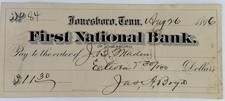Vintage 1896 First National Bank of Jonesboro TN Jonesborough Check Signed picture
