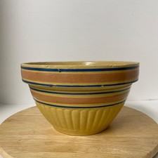Antique Yellow Ware Blue Bands 8” Large Mixing Nesting Bowl Primitive Farmhouse picture