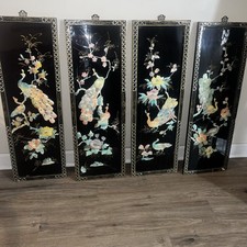 4 Vintage Asian Oriental Mother of Pearl Black Lacquer Wall Art Plaque Panels picture