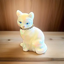 Fenton White Iridescent Porcelain Cat Figurine with Rhinestone Collar picture