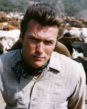 Clint Eastwood US actor wearing a fine check shirt blue neck scarf- Old Photo picture