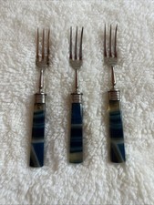 VTG GOERG GERMANY Cold Meat Forks Agate Blue Handles Mid-century Lot Of 3 picture