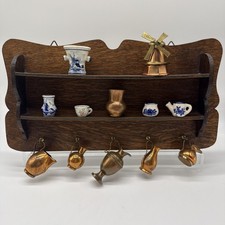 Vintage Wood Trinket Shelf With 12 Miniatures Delft Pottery Brass Copper Decor picture