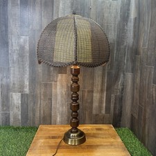 Vintage 1970s Wicker Rattan Dome Shade Wood Brass Table Lamp MCM Boho Retro picture