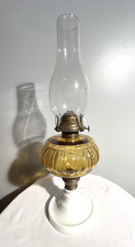 ANTIQUE 1800'S OIL LAMP AMBER GLASS & PORCELAIN BASE historic STUNNING excellent picture