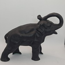 Vintage Cast Iron Good Luck Elephant Trunk Up Bank Doorstop Decor Statue picture