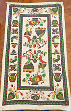 Vtg Mid Century Pennsylvania Dutch FOLK ART Tea Towel 1950s Linen Retro Kitchen picture