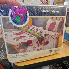 Vintage 1992 Barney 3 PIECE TWIN Bed Sheet DreamStyles NEW IN PACKAGE picture