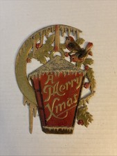 Antique German Die Cut Embossed Cardboard A Merry Christmas Birds in Snow picture