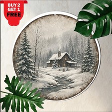 Winter Snow Scene Pine Trees Round Metal Sign Cozy Christmas Forest Wall Decor picture