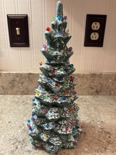 Vtg 1988 Ceramic Green White Painted Frosted Christmas Tree Colorful Bulbs 12 “ picture