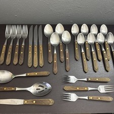 25 Pc Vtg Washington Forge Town & Country Wood/Brass Stainless Flatware picture
