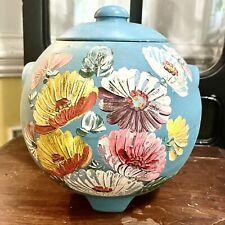 Vintage Ransburg Pottery Stoneware Cookie Jar Hand Painted Flowers Astors Blue picture
