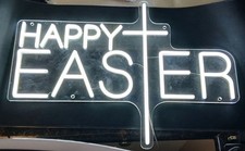 Happy Easter LED Neon Acrylic Vinyl White Lights Sign Bonus Cross Heart Keychain picture