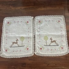 VTG 2 Hand Embroidered Linen Doilies Cross Stitch Deer Folk Art 10x12 Retro picture