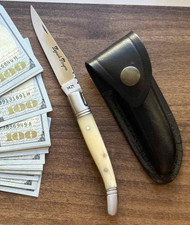 Vintage Laquiole Pocket Knife Blade Antler Handle Sheath Leather Men's Rare Old picture