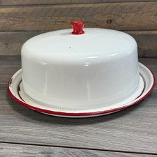 Vtg 1940s Red White Enamelware Covered Cake Plate Farmhouse Country Rustic picture