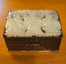 Antique Chinese Export Sterling Silver 925S Box Inlaid Carved White Jade Sanxing picture