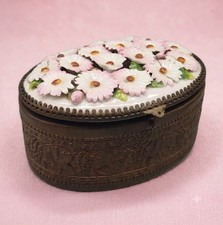 Antique Elfinware Dresser Box Pink White Flowers Daisy Porcelain Jewelry Brass picture