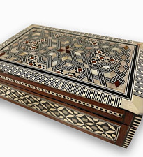 Vintage Handcrafted Mother of Pearl Mosaic Inlay Wood Jewelry Box 8x5x2.5” picture