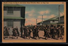Postcard Camp Edwards, MA March with Packs on Cape Cod Posted 1941 WW2 picture