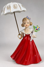 Vintage 1950s Napco Lady Figurine Red Dress Parasol Hand Painted Porcelain picture