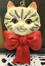 Vintage Sylvestri Christmas Ornament Cat Tabby Feline Big Red Bow Green Eyes picture